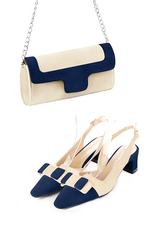 Champagne beige and navy blue women's dress clutch, for weddings, ceremonies, cocktails and parties. Worn view - Florence KOOIJMAN